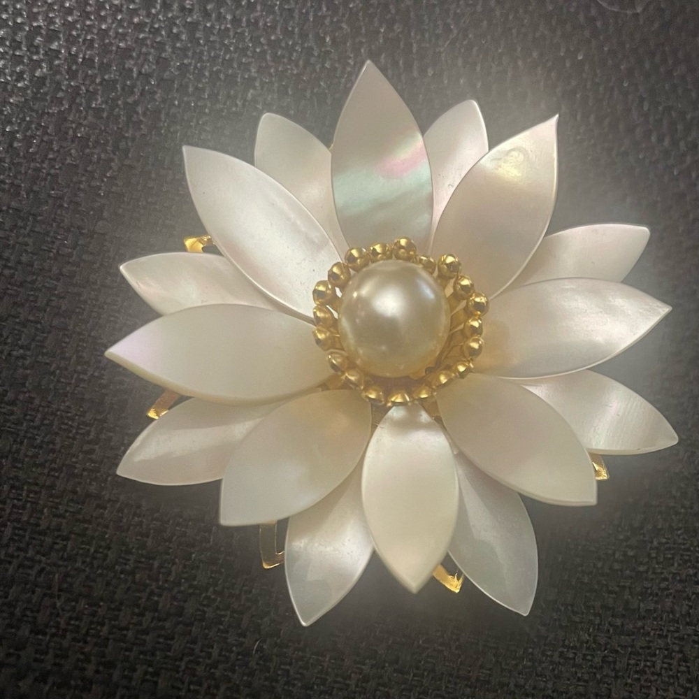 Vintage Mother Of Pearl and Faux Pearl Flower Brooch